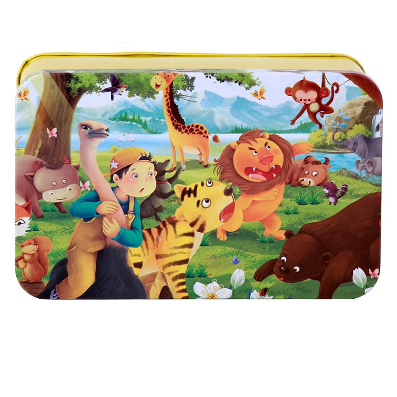 200pcs Baby Cartoon Puzzle Iron Box Wooden Animal/Space/Diving Puzzles Educational Toy Wooden Puzzle Jigsaw Toy for Children-18