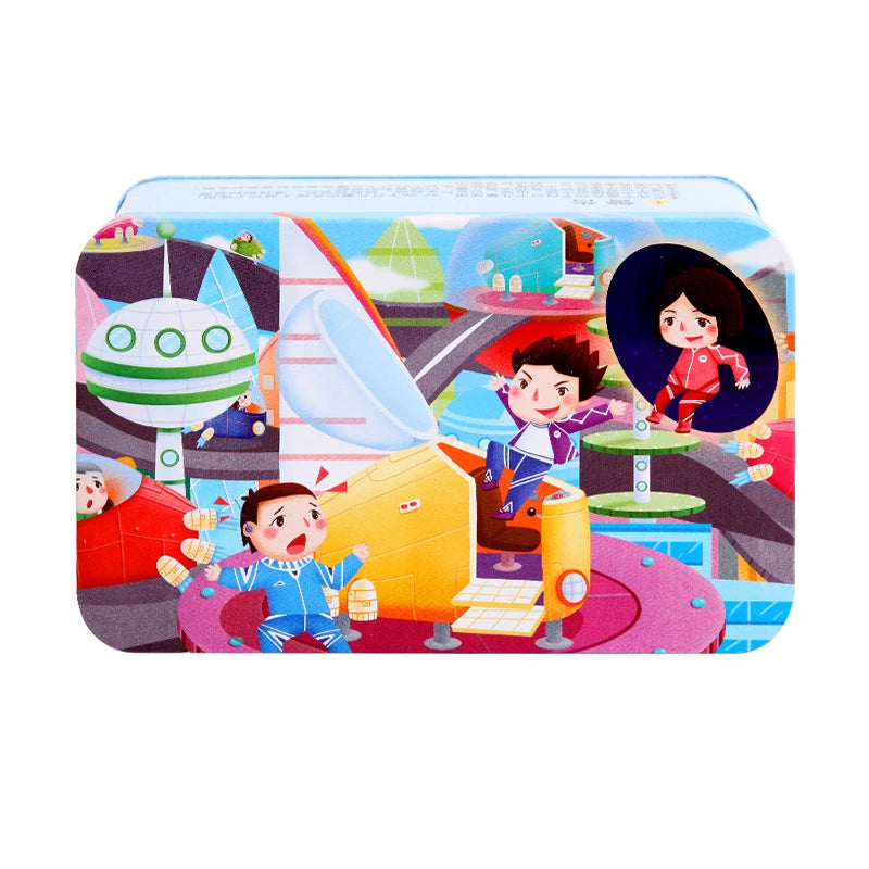 200pcs Baby Cartoon Puzzle Iron Box Wooden Animal/Space/Diving Puzzles Educational Toy Wooden Puzzle Jigsaw Toy for Children-8