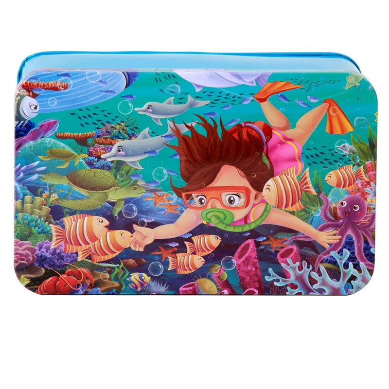 200pcs Baby Cartoon Puzzle Iron Box Wooden Animal/Space/Diving Puzzles Educational Toy Wooden Puzzle Jigsaw Toy for Children-17