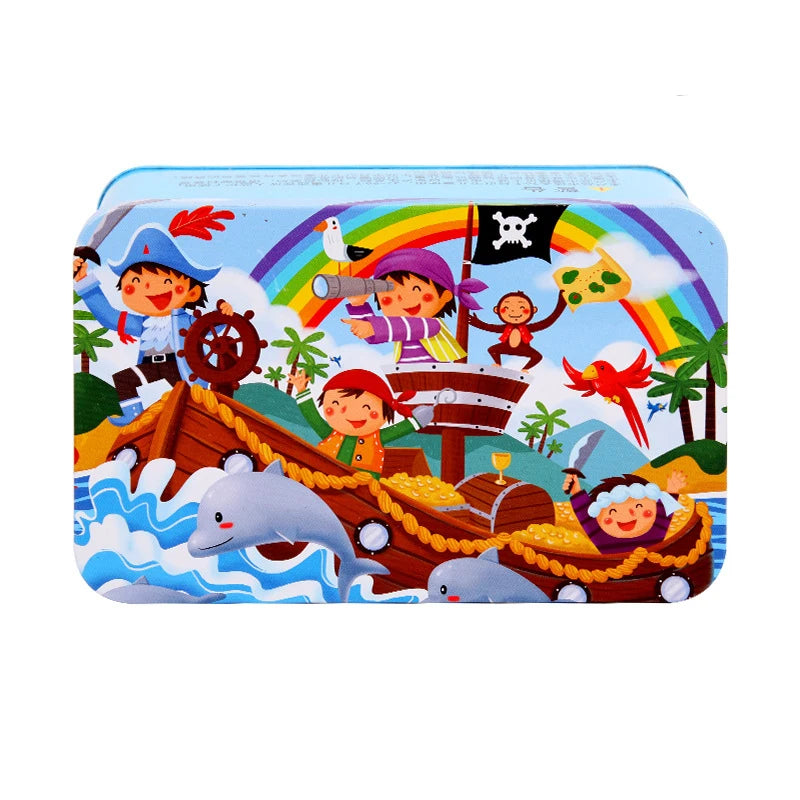 200pcs Baby Cartoon Puzzle Iron Box Wooden Animal/Space/Diving Puzzles Educational Toy Wooden Puzzle Jigsaw Toy for Children-7
